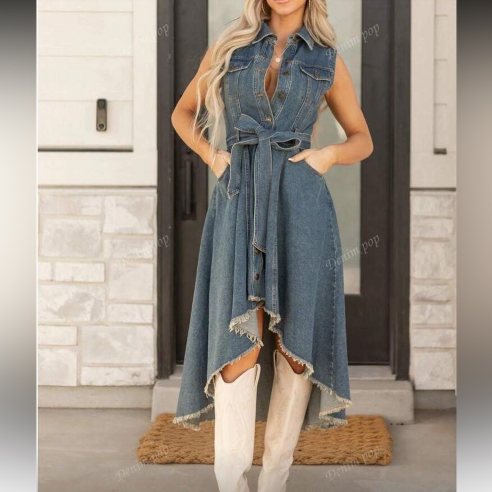 Classic Retro Waist Cinched Asymmetric Hem Front Button Sleeveless Denim Dress